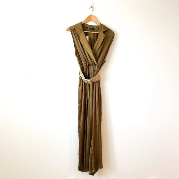 Zara Satin Effect Jumpsuit With  Belt in Olive Green NWT Size Small - Picture 6 of 12